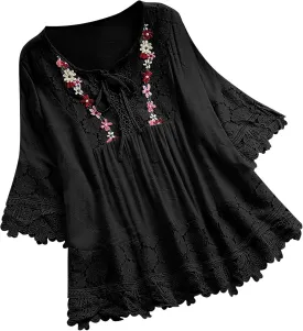 3/4 Length Sleeve Womens Boho Tops Cotton Linen Mexican Embroidered Shirts Plus Size Flowy Lace Tunic Peasant Blouses