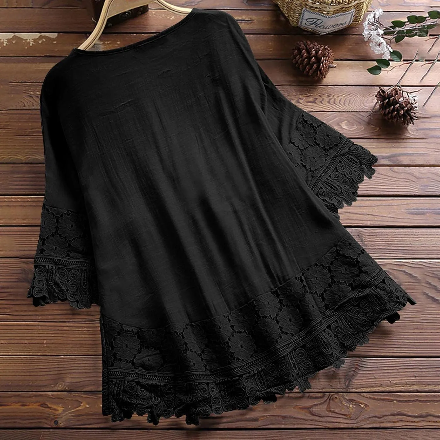 3/4 Length Sleeve Womens Boho Tops Cotton Linen Mexican Embroidered Shirts Plus Size Flowy Lace Tunic Peasant Blouses