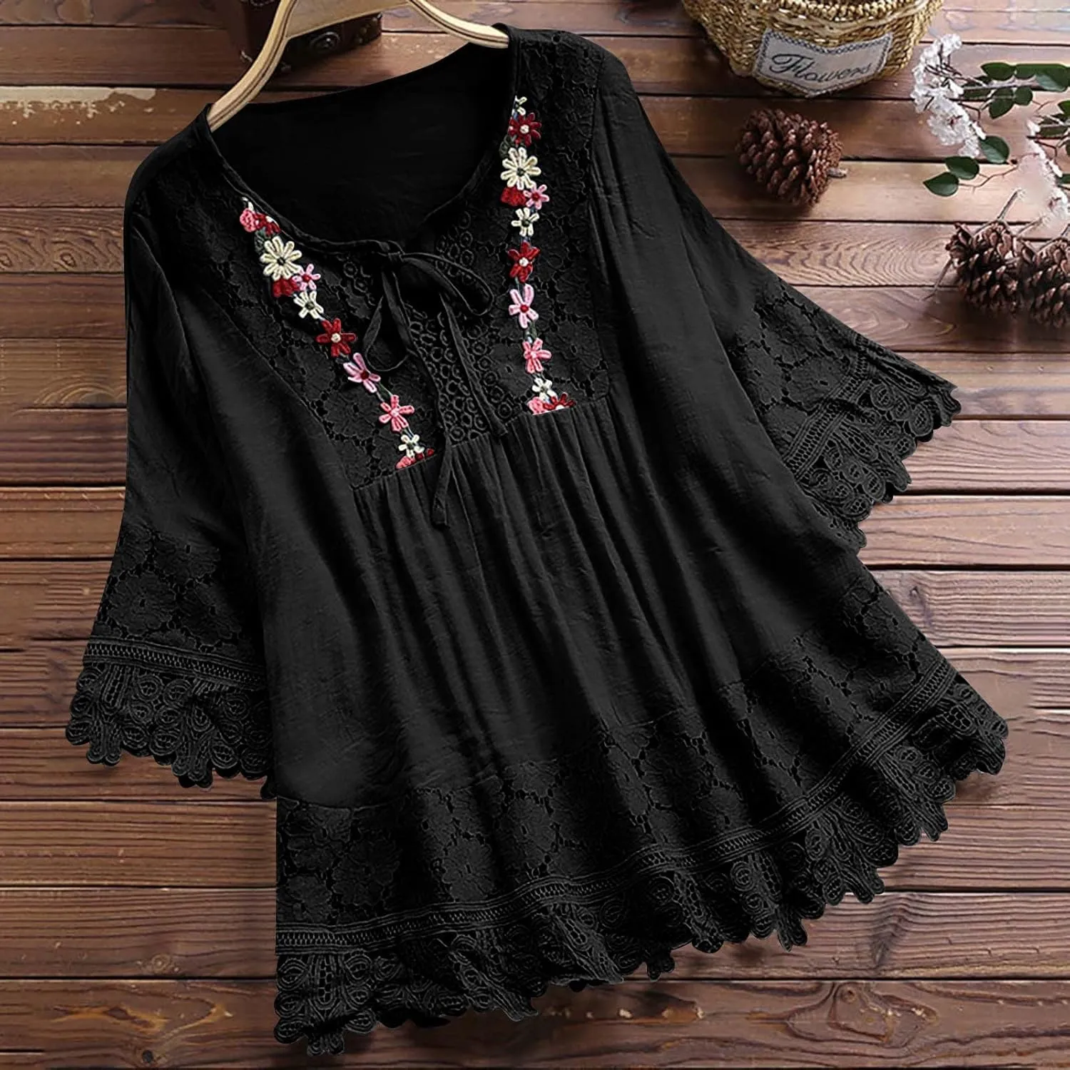 3/4 Length Sleeve Womens Boho Tops Cotton Linen Mexican Embroidered Shirts Plus Size Flowy Lace Tunic Peasant Blouses