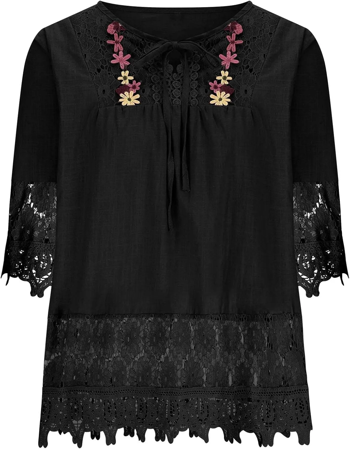 3/4 Length Sleeve Womens Boho Tops Cotton Linen Mexican Embroidered Shirts Plus Size Flowy Lace Tunic Peasant Blouses