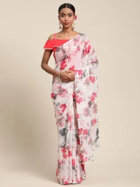 Ahalyaa Women's White Chiffon Digital Print Floral Saree