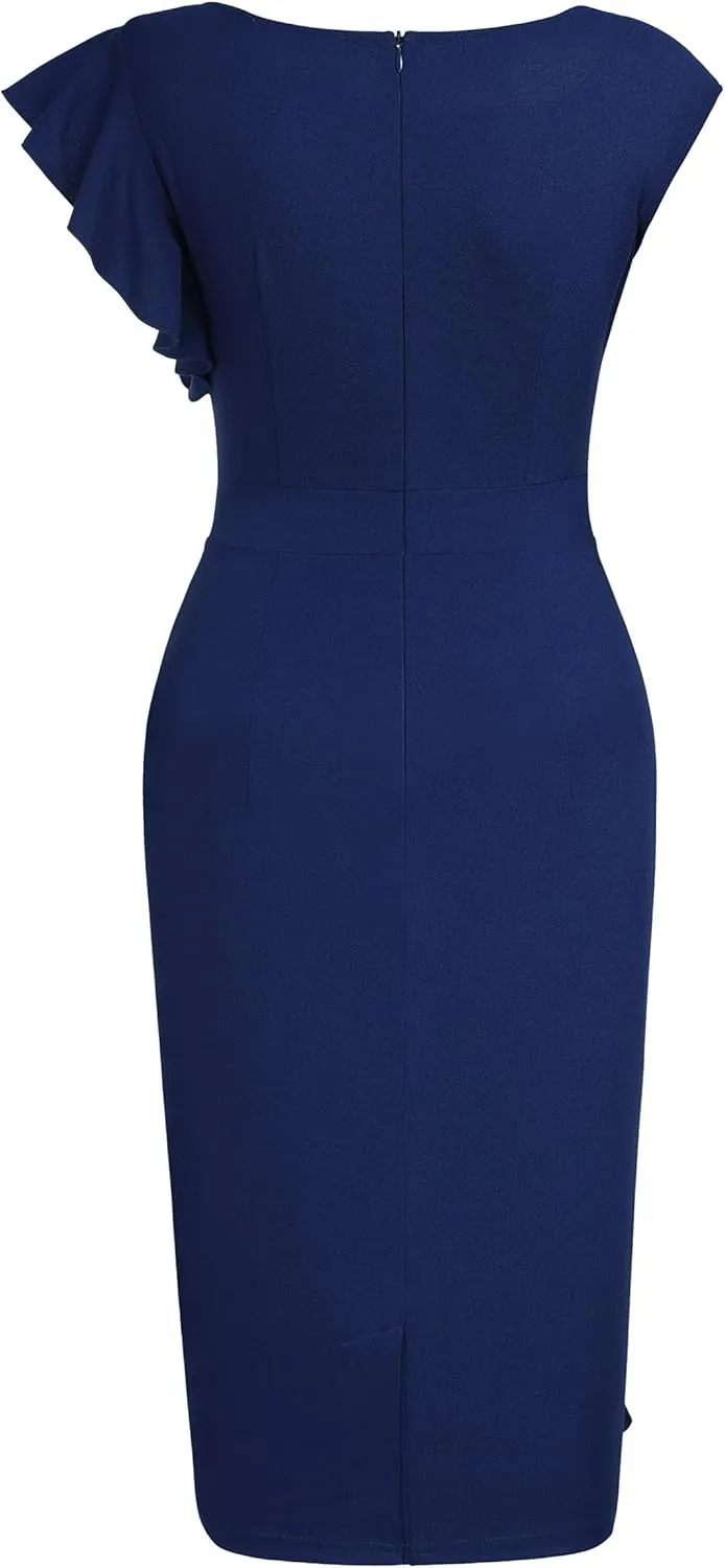 AISIZE Women's Pinup Vintage Ruffle Sleeves Cocktail Party Pencil Dress