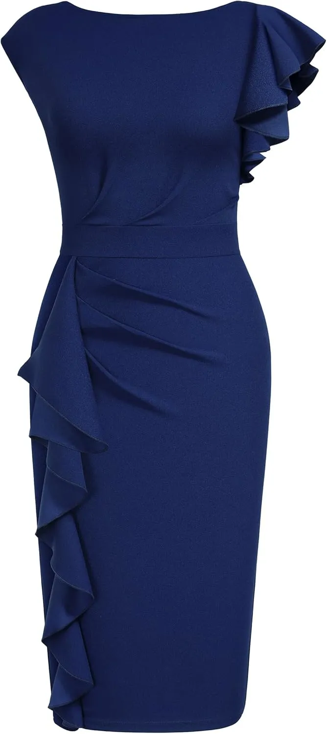 AISIZE Women's Pinup Vintage Ruffle Sleeves Cocktail Party Pencil Dress