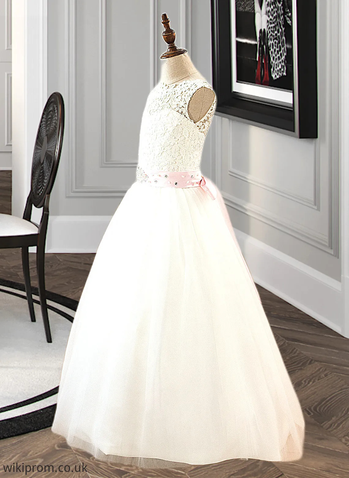 Alisha Ball-Gown/Princess Scoop Neck Floor-Length Tulle Junior Bridesmaid Dress With Sash Beading Bow(s) SWKP0013545