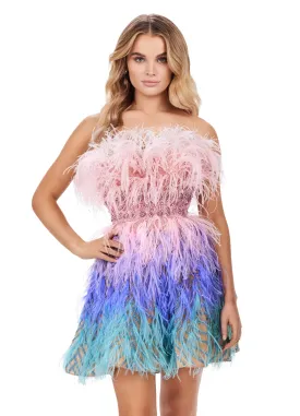 Ashley Lauren 4670 Feather Ombre Sequin Beaded Cocktail Short Dress Formal Strapless