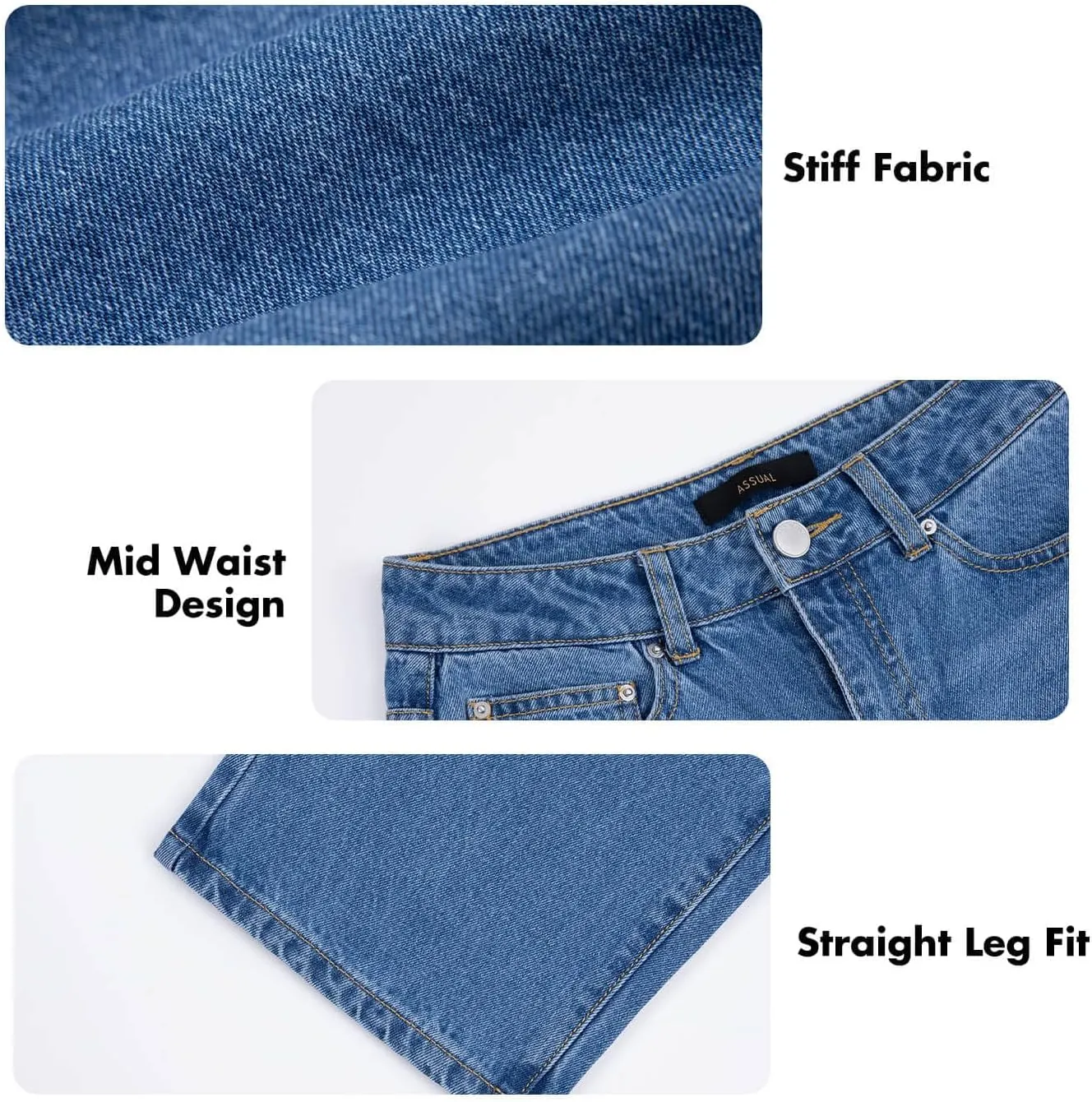 ASSUAL Womens Jeans, Ankle Straight Leg Relaxed Denim Pants, Casual Slim Mid-Rise Cropped Jeans with Pockets