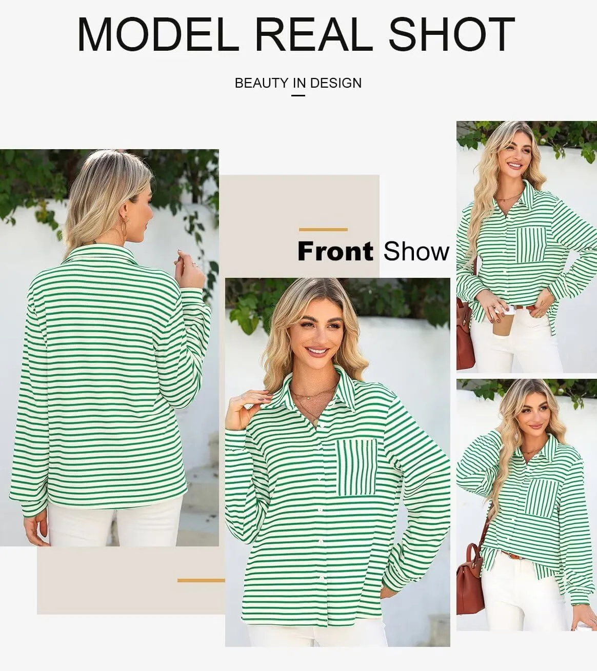 Astylish Women's 2025 Cute Striped Waffle Oversized Stretchy Long Sleeve Shirts Soft Collared V Neck Button Up Blouses Tops