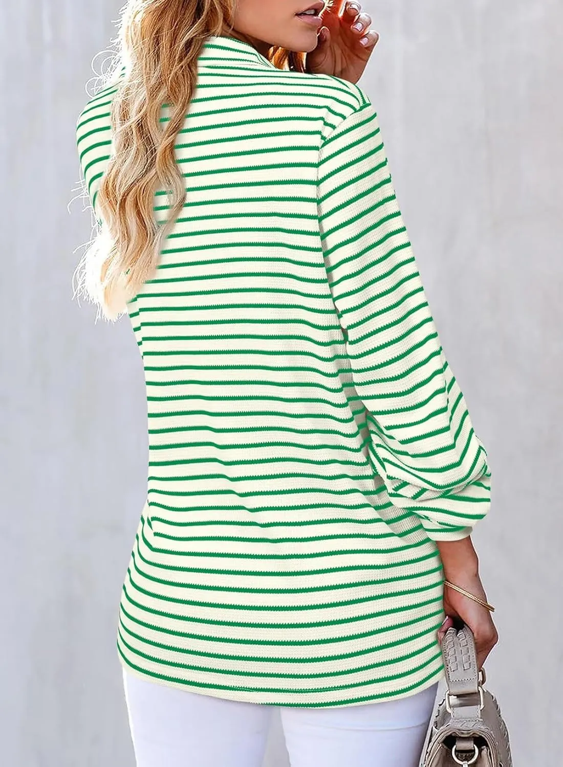 Astylish Women's 2025 Cute Striped Waffle Oversized Stretchy Long Sleeve Shirts Soft Collared V Neck Button Up Blouses Tops