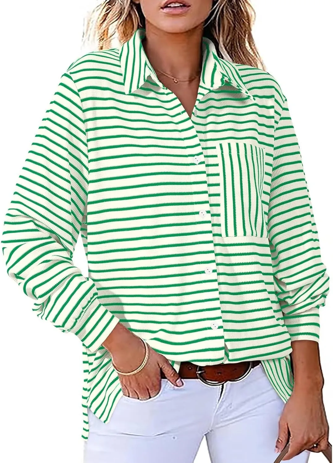 Astylish Women's 2025 Cute Striped Waffle Oversized Stretchy Long Sleeve Shirts Soft Collared V Neck Button Up Blouses Tops