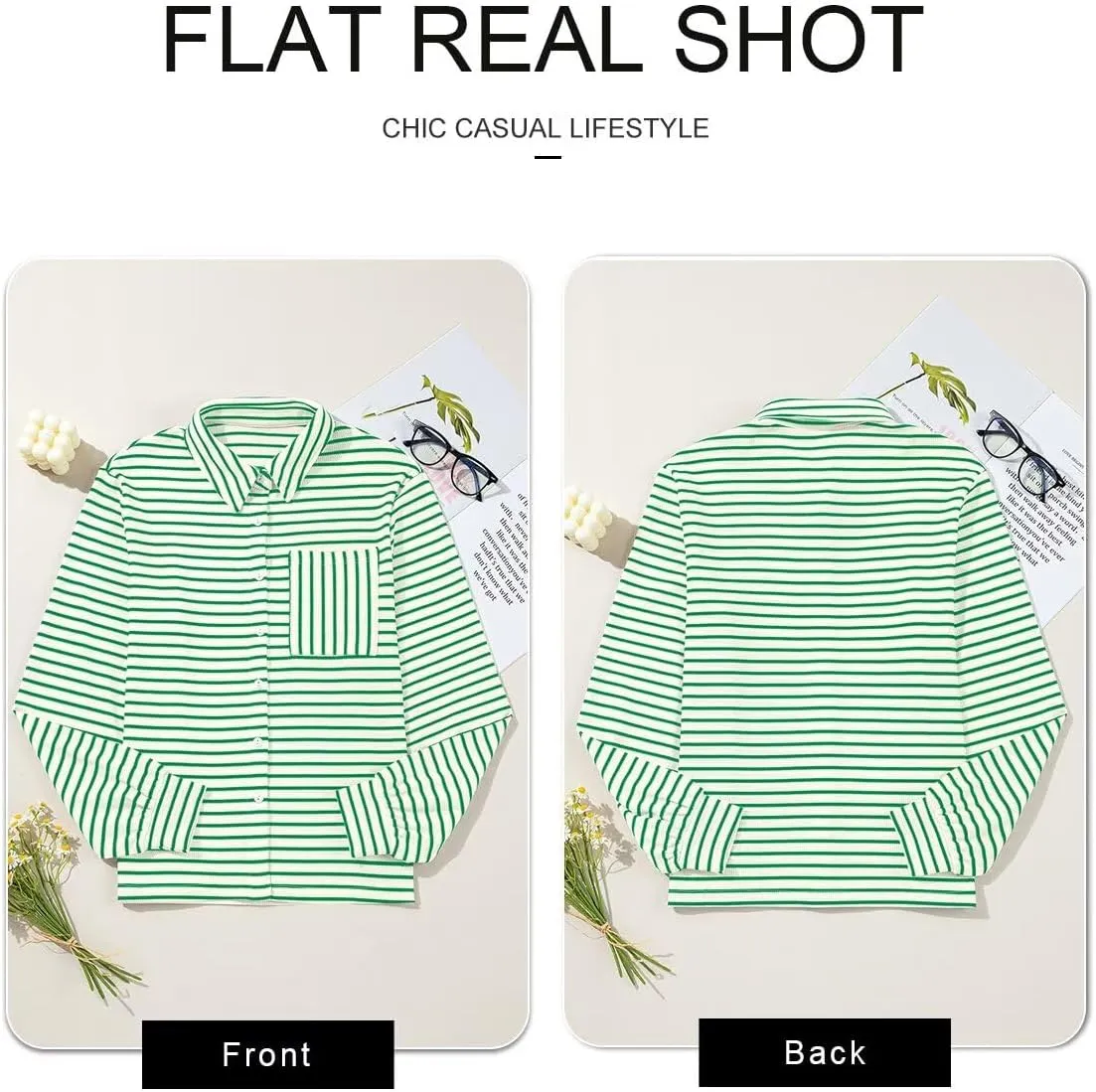 Astylish Women's 2025 Cute Striped Waffle Oversized Stretchy Long Sleeve Shirts Soft Collared V Neck Button Up Blouses Tops