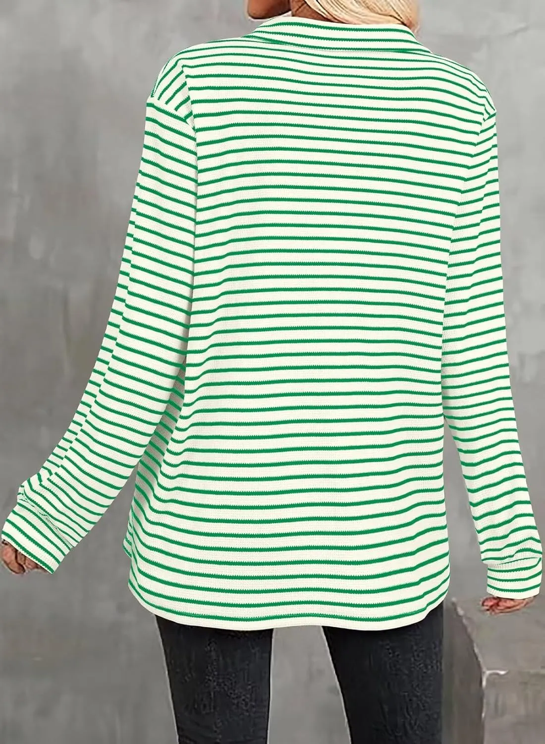 Astylish Women's 2025 Cute Striped Waffle Oversized Stretchy Long Sleeve Shirts Soft Collared V Neck Button Up Blouses Tops