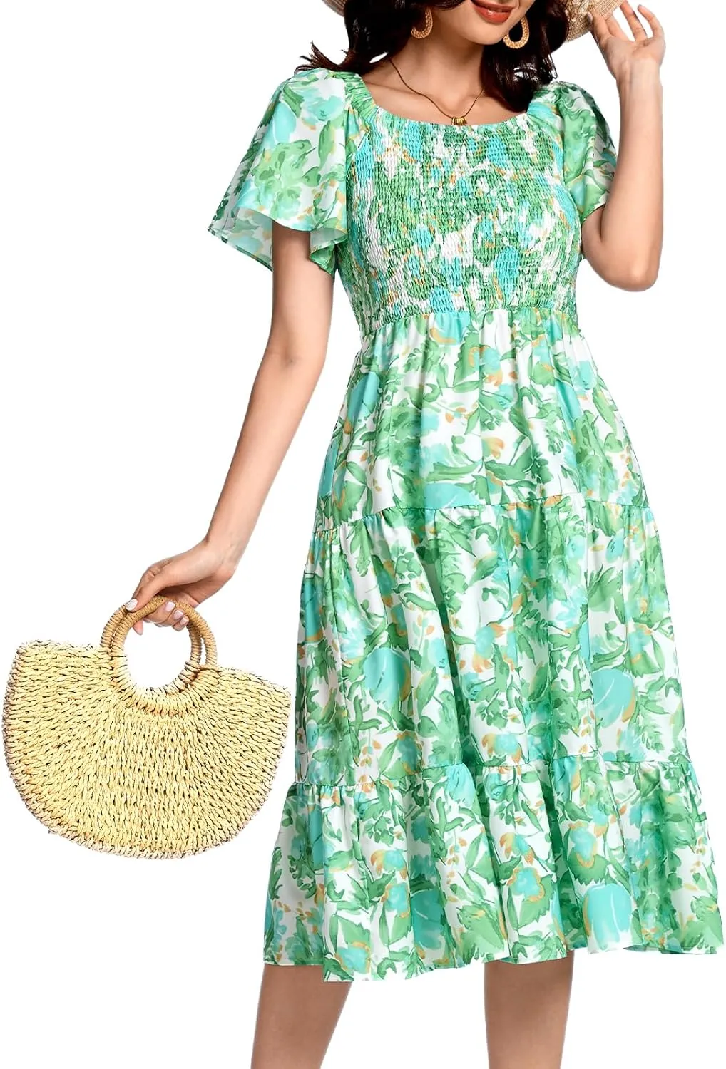 Bbonlinedress Womens Casual Floral Summer Smocked Beach Party Boho Midi Square Neck Dress