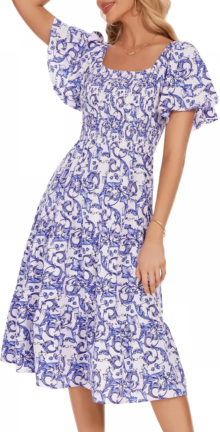 Bbonlinedress Womens Casual Floral Summer Smocked Beach Party Boho Midi Square Neck Dress