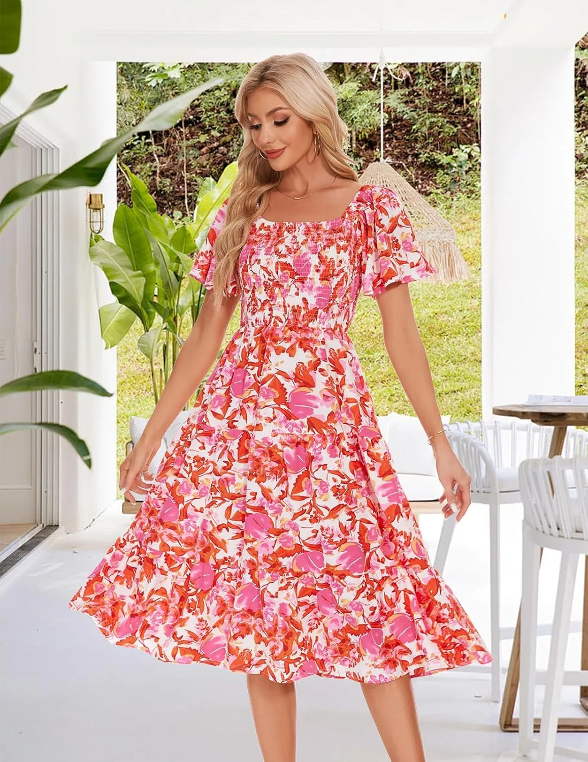 Bbonlinedress Womens Casual Floral Summer Smocked Beach Party Boho Midi Square Neck Dress