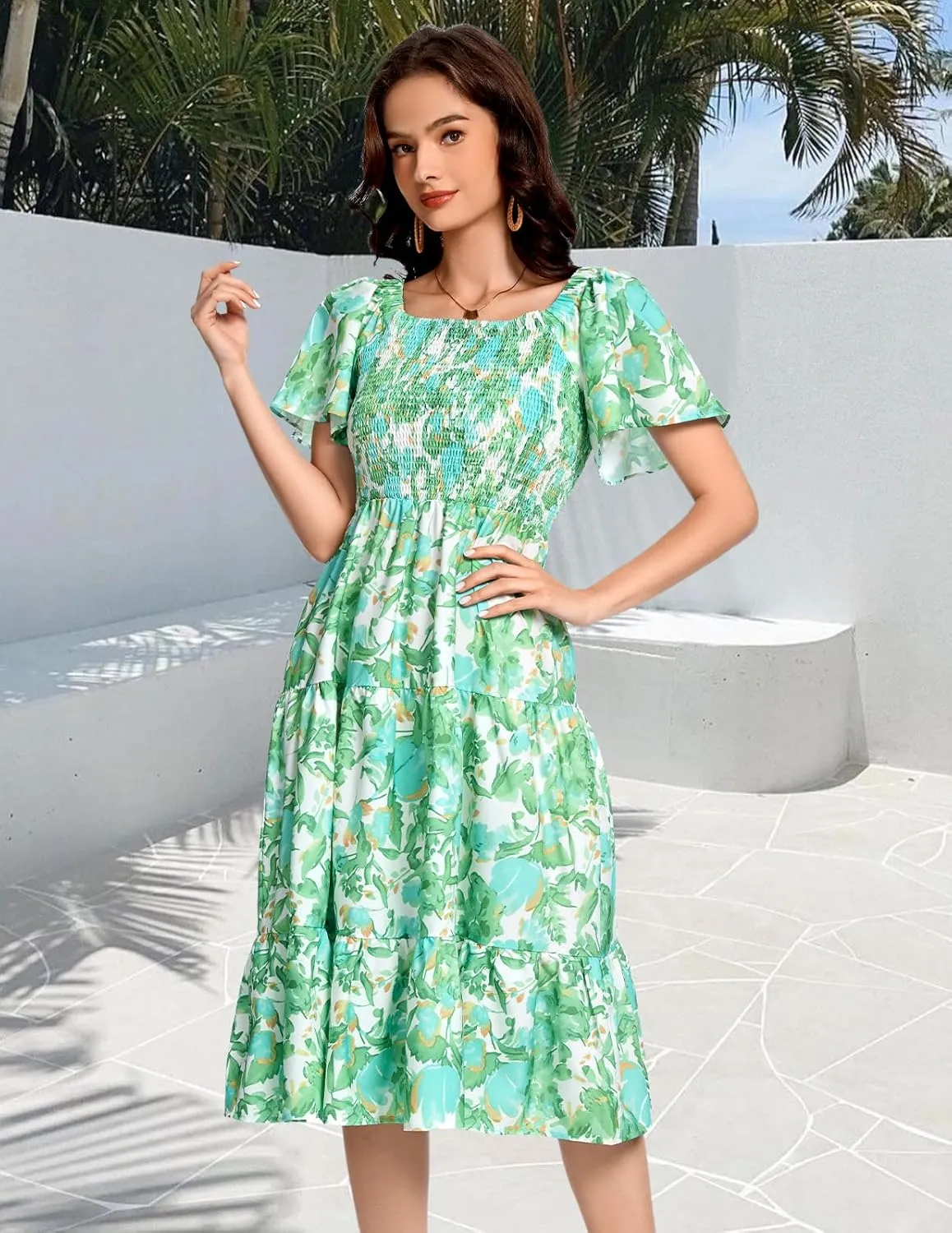 Bbonlinedress Womens Casual Floral Summer Smocked Beach Party Boho Midi Square Neck Dress