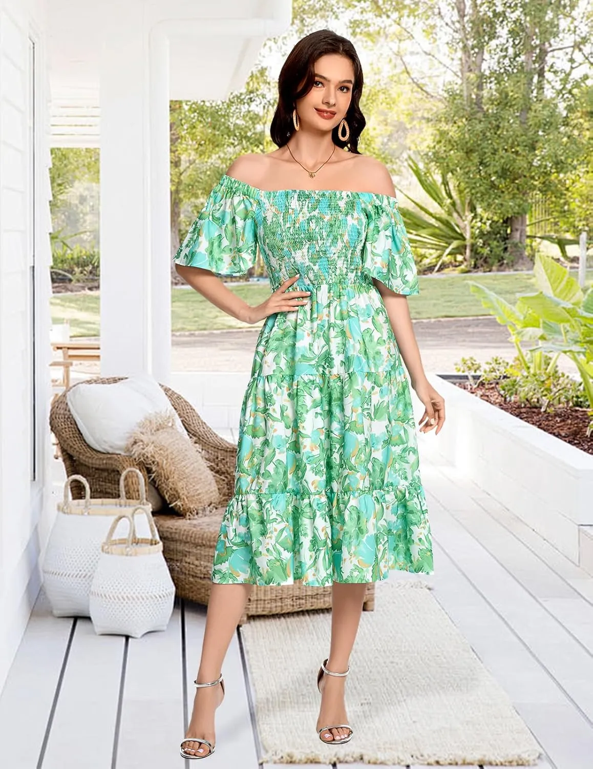 Bbonlinedress Womens Casual Floral Summer Smocked Beach Party Boho Midi Square Neck Dress
