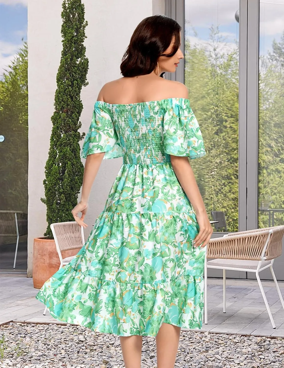 Bbonlinedress Womens Casual Floral Summer Smocked Beach Party Boho Midi Square Neck Dress