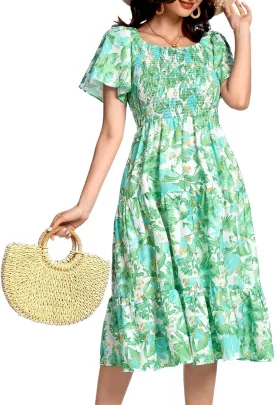Bbonlinedress Womens Casual Floral Summer Smocked Beach Party Boho Midi Square Neck Dress