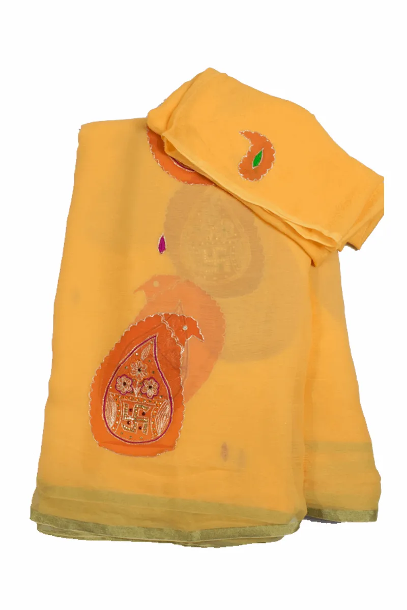 Beautiful Pure Chiffon Zari and thread work Hand Tie-Die batik Print Saree