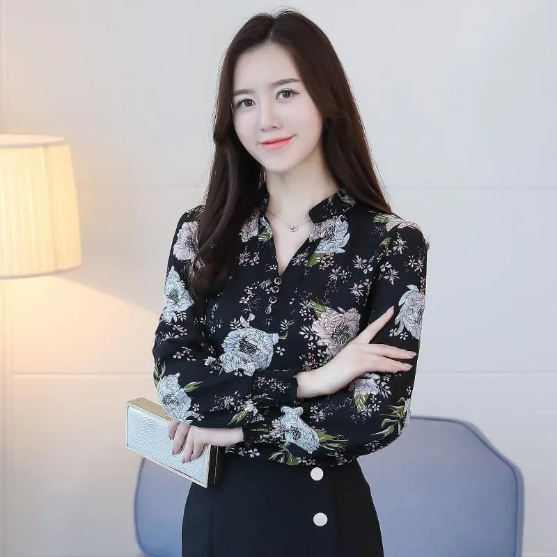 Black and White Slim Casual Print Office Lady Style Chiffon Blouse