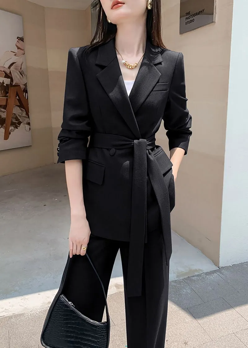 Black Double Breasted Blazer Wide Pants Suit Two-Piece Set