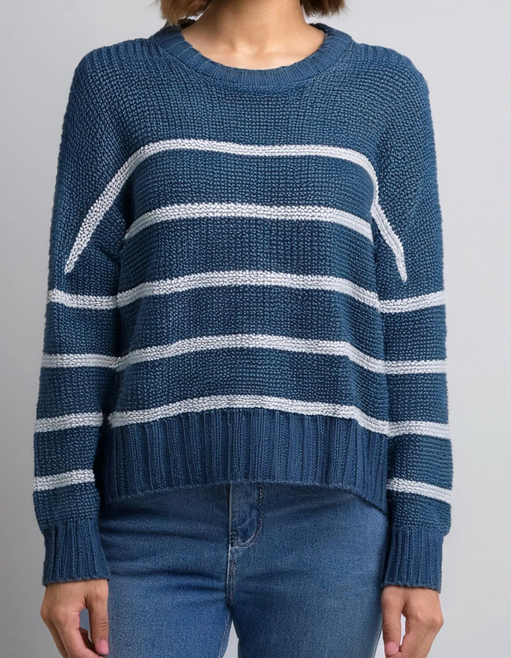 Blue and White Striped Knit Pullover