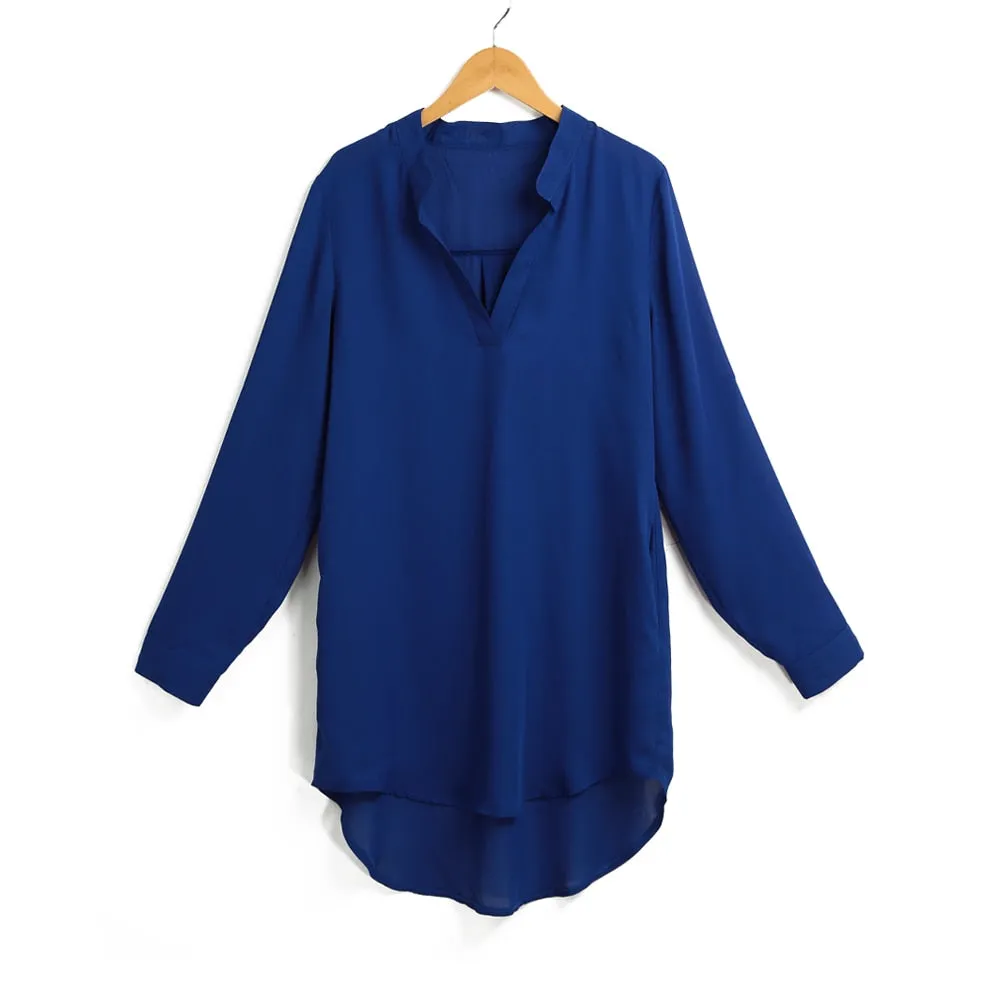 Blue Chiffon Long Sleeve Blouse