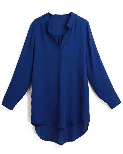 Blue Chiffon Long Sleeve Blouse