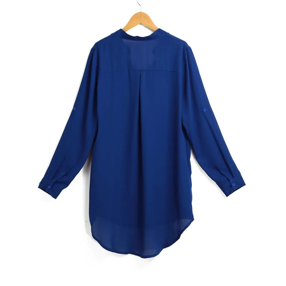 Blue Chiffon Long Sleeve Blouse