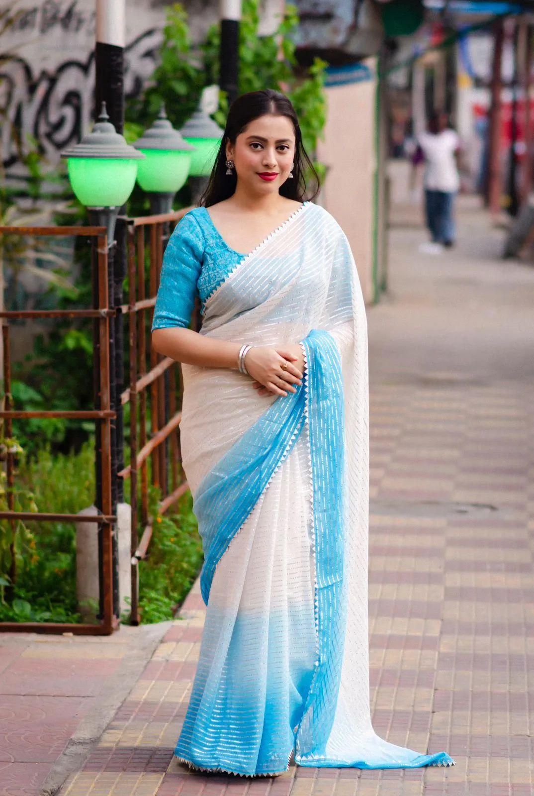 Blue Poly Chiffon Striped Saree with Unstitched Blouse - A2M