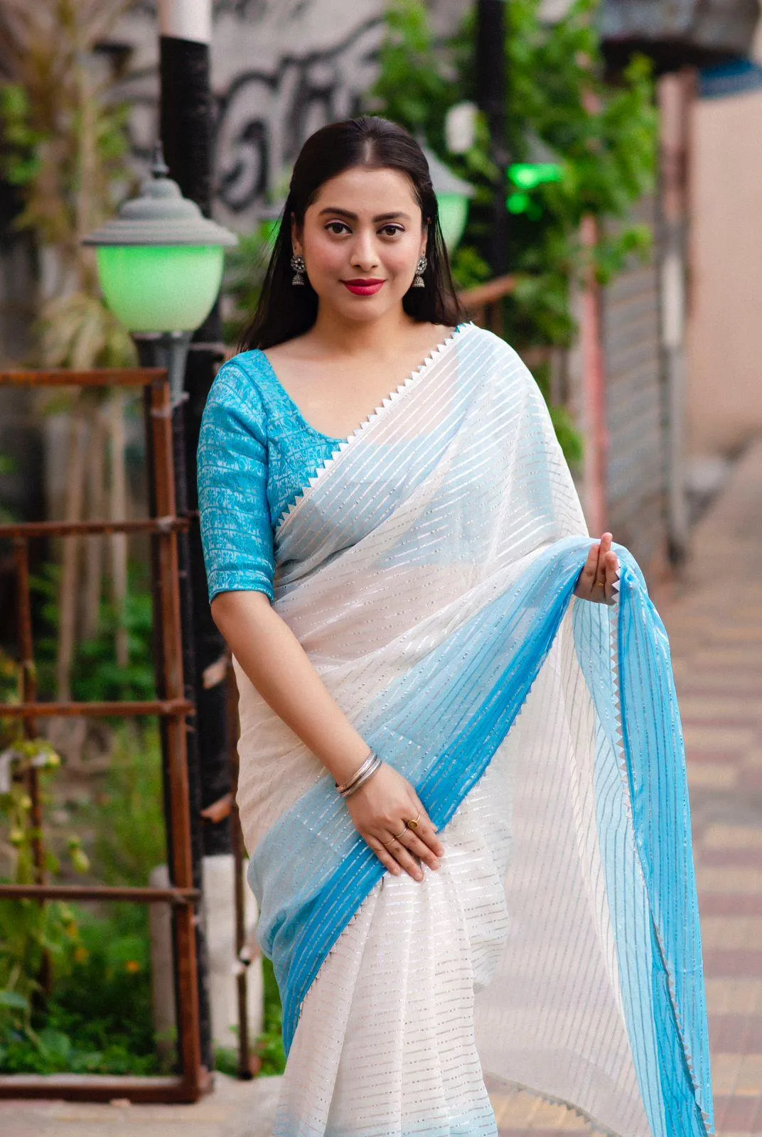 Blue Poly Chiffon Striped Saree with Unstitched Blouse - A2M