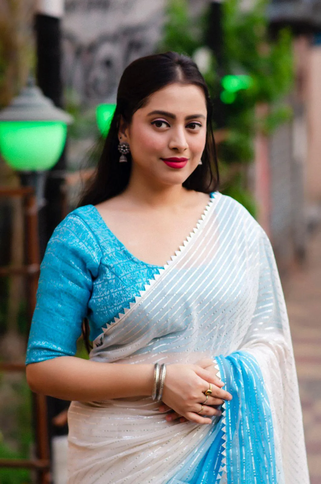 Blue Poly Chiffon Striped Saree with Unstitched Blouse - A2M