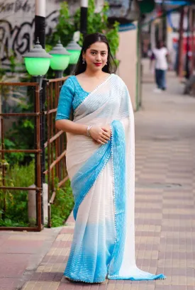 Blue Poly Chiffon Striped Saree with Unstitched Blouse - A2M