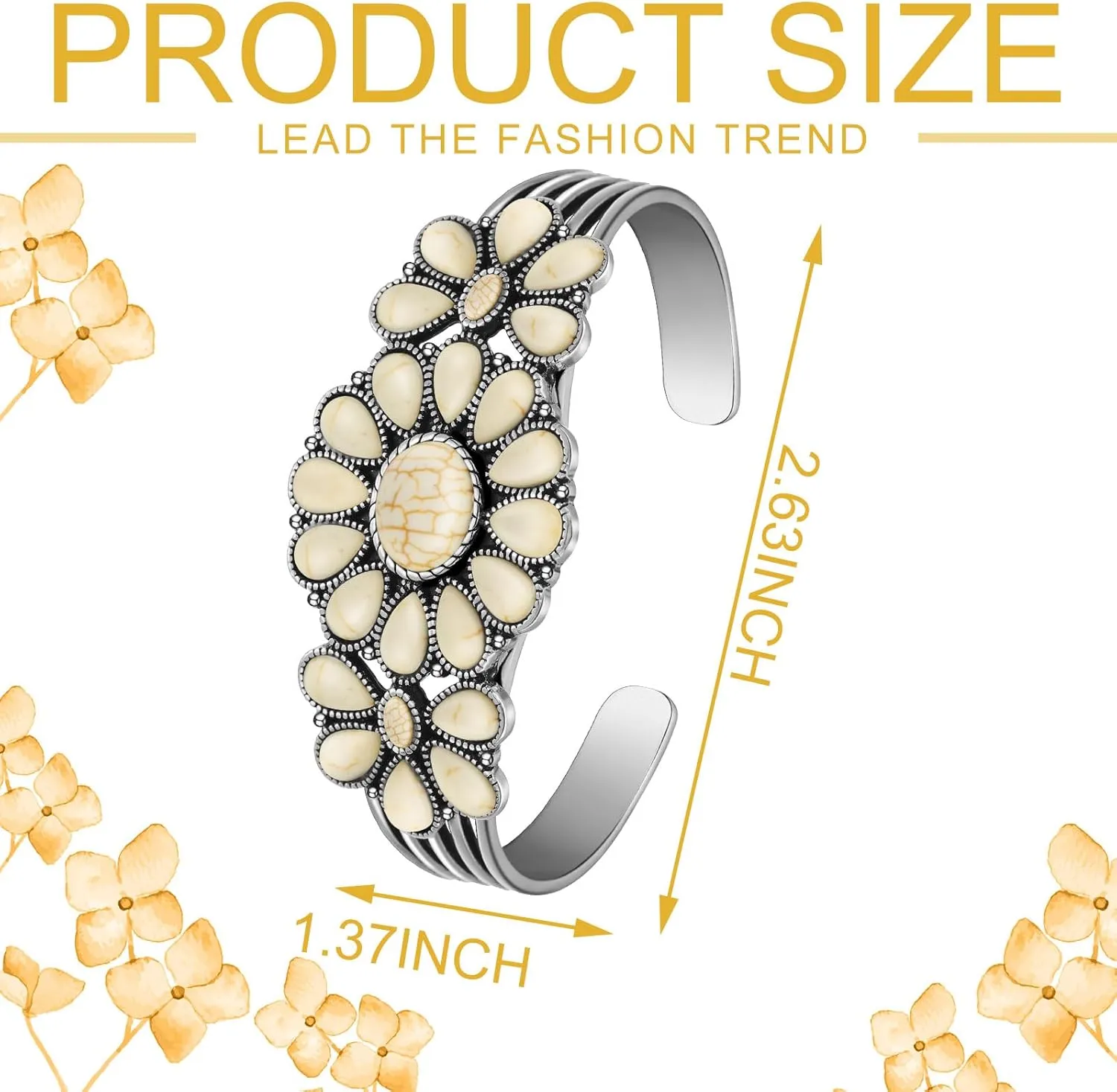 Bonuci Turquoise Bracelet for Women - Western Style Jewelry, Adjustable Cuff With Cluster Flower, Silver Turquoise Stone, Retro Party