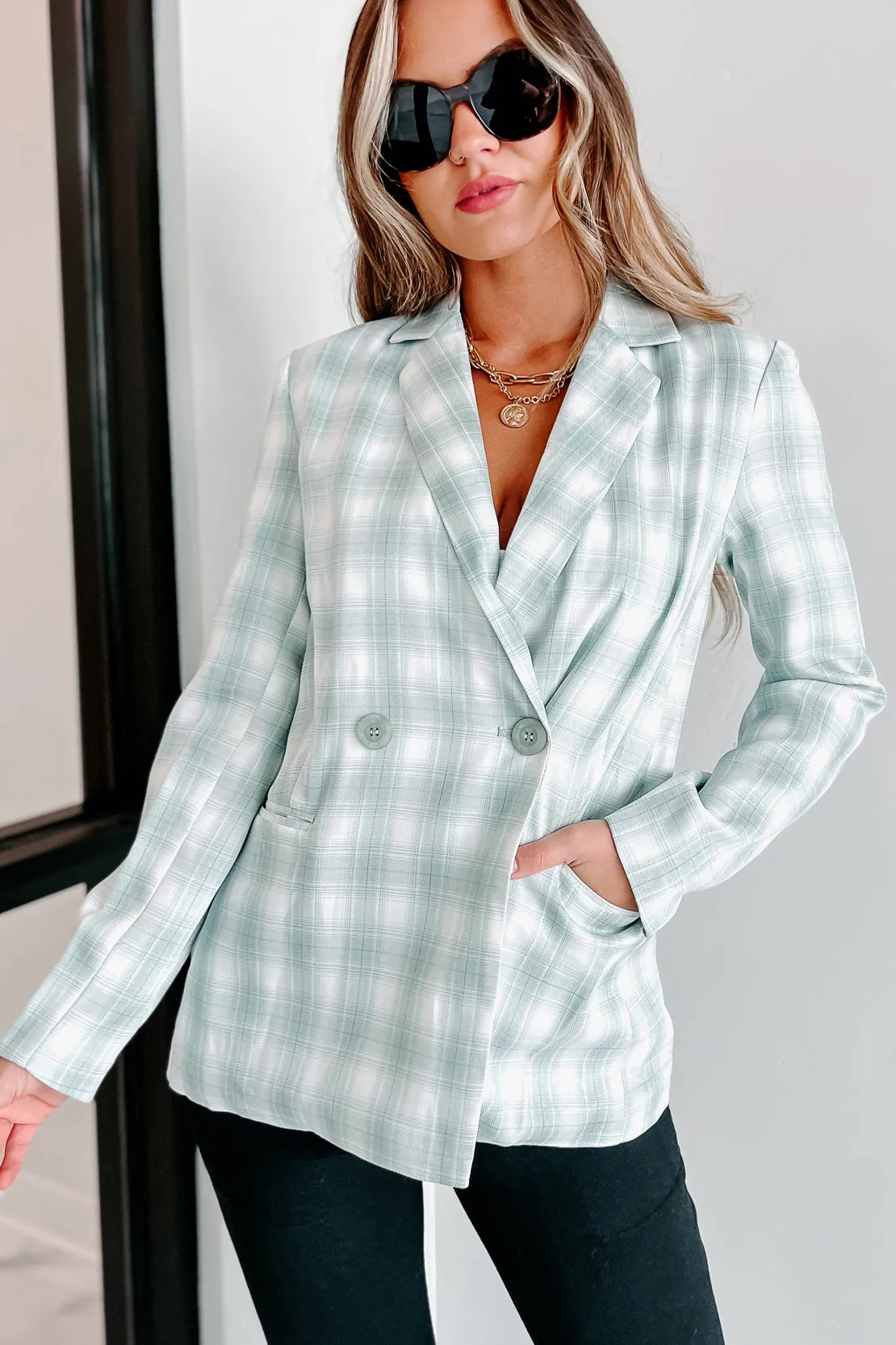 Bruna Plaid Two Piece Blazer Set (Sage)