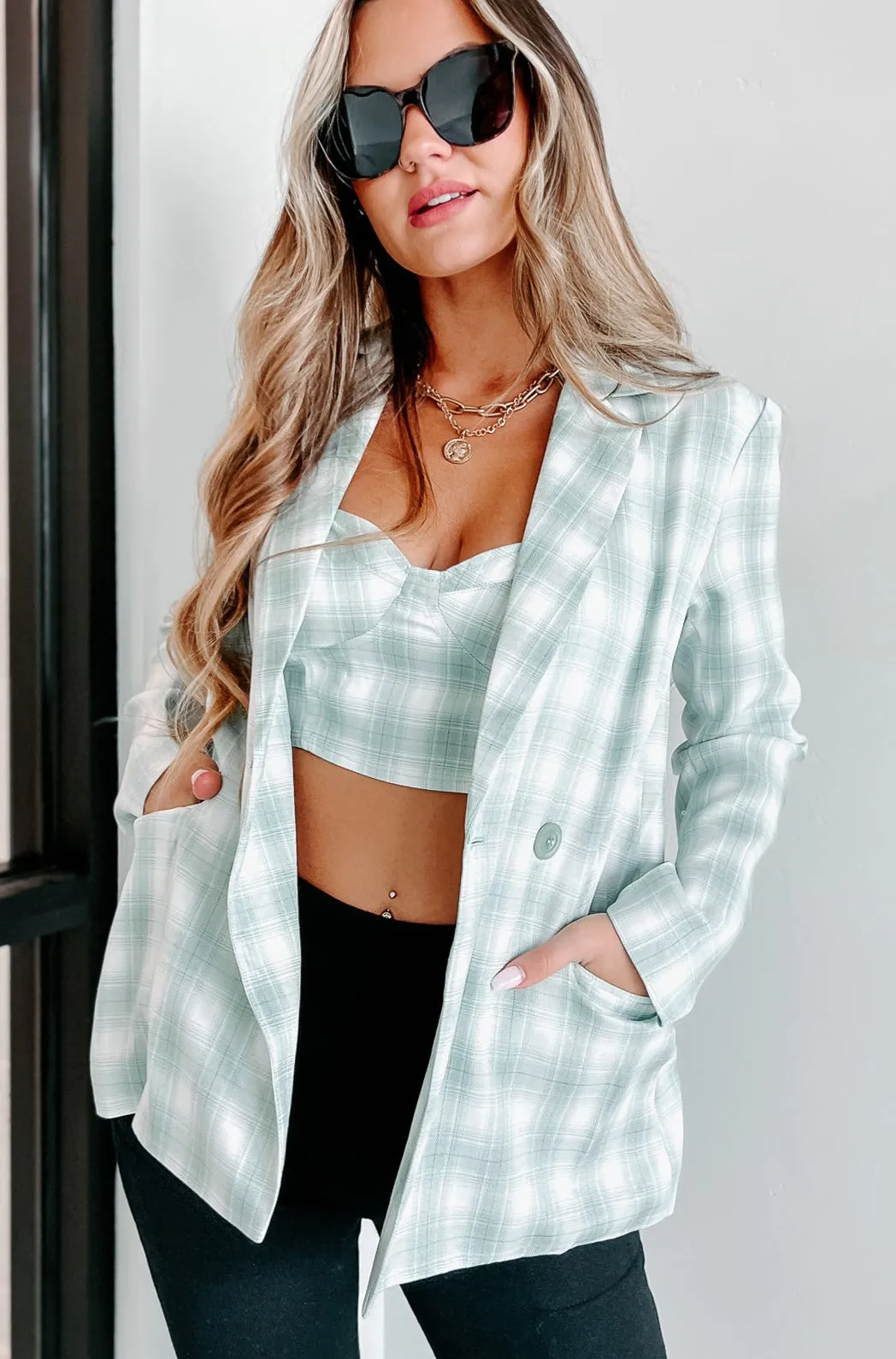 Bruna Plaid Two Piece Blazer Set (Sage)