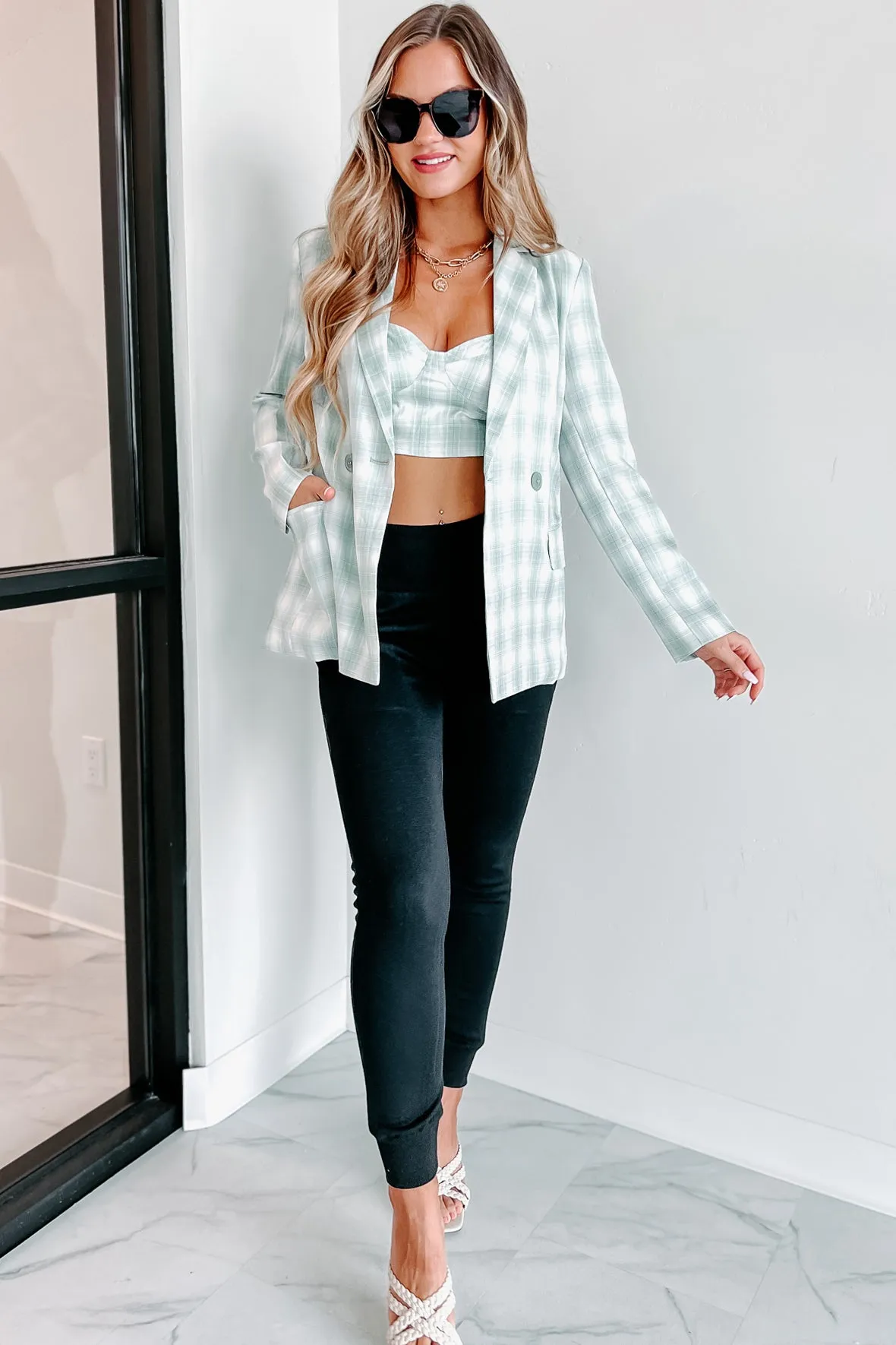 Bruna Plaid Two Piece Blazer Set (Sage)