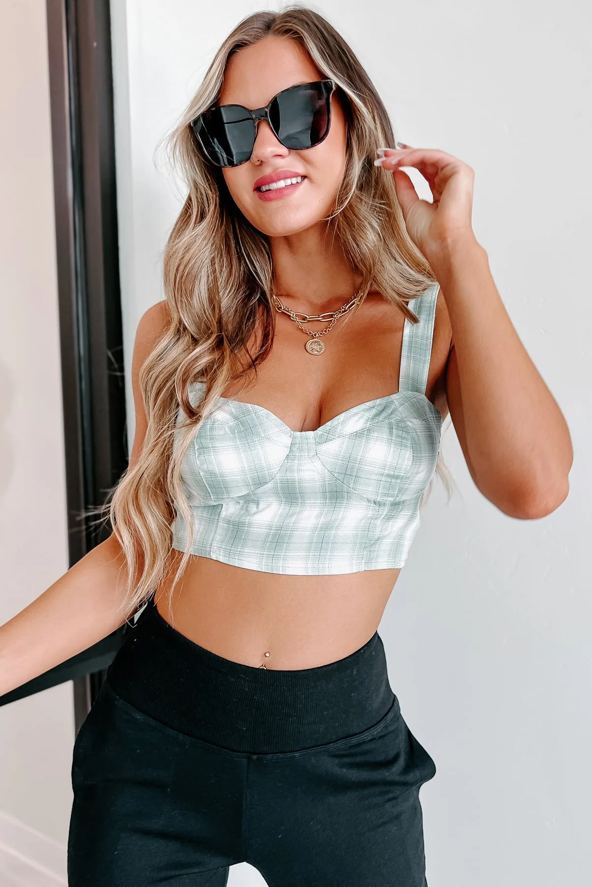 Bruna Plaid Two Piece Blazer Set (Sage)