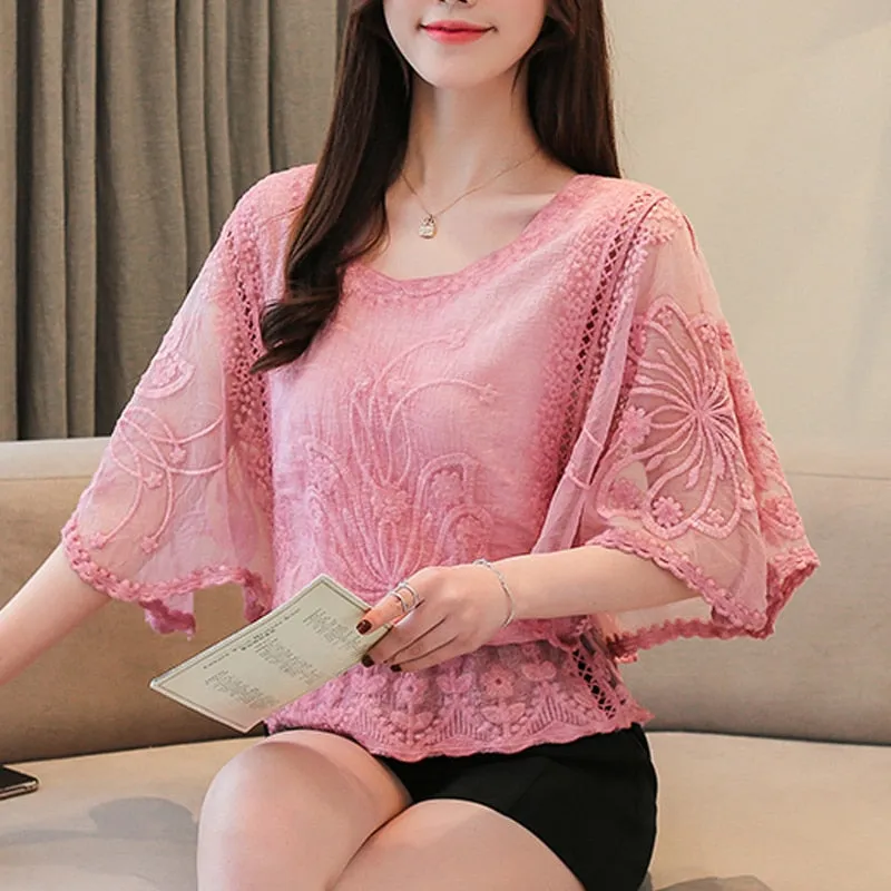 Butterfly Flower Half Sleeve Chiffon Blouse