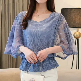 Butterfly Flower Half Sleeve Chiffon Blouse