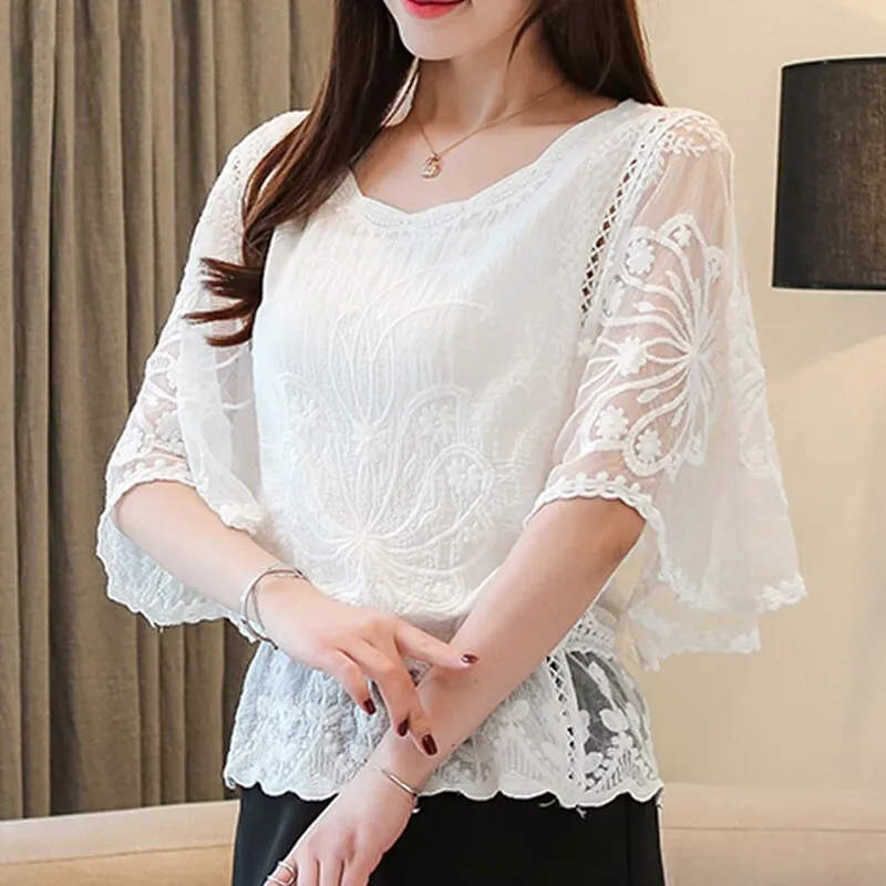 Butterfly Flower Half Sleeve Chiffon Blouse