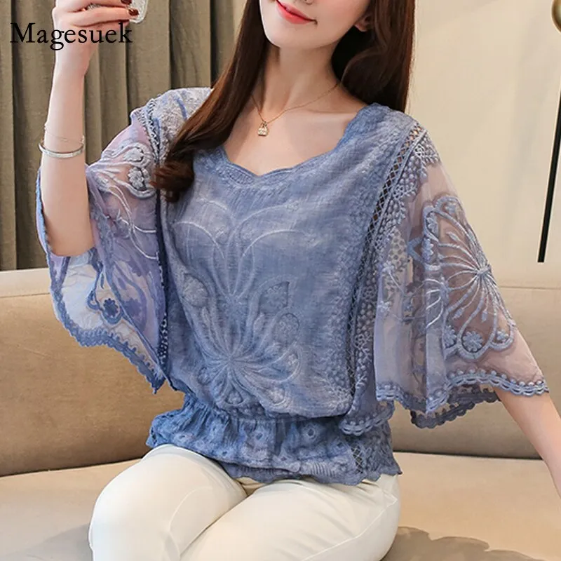 Butterfly Flower Half Sleeve Chiffon Blouse