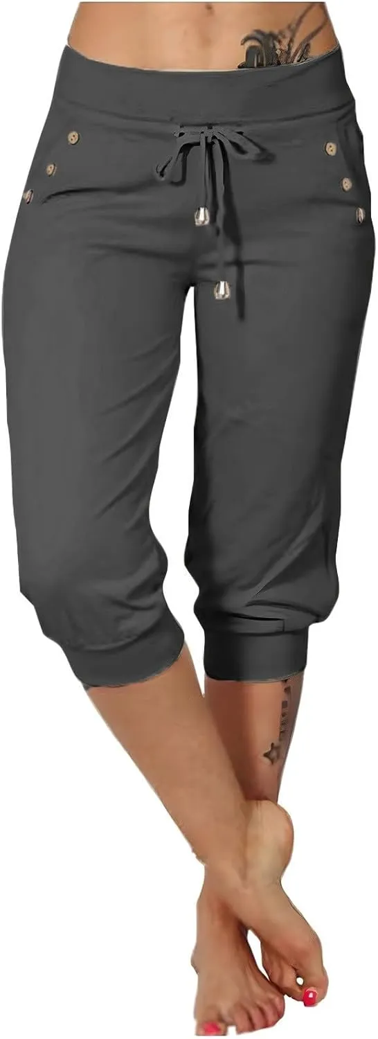 Capri Joggers Womens Fashion 2025 Trendy Elastic Drawstring High Waisted Capris Casual Summer Stretch Active Pants