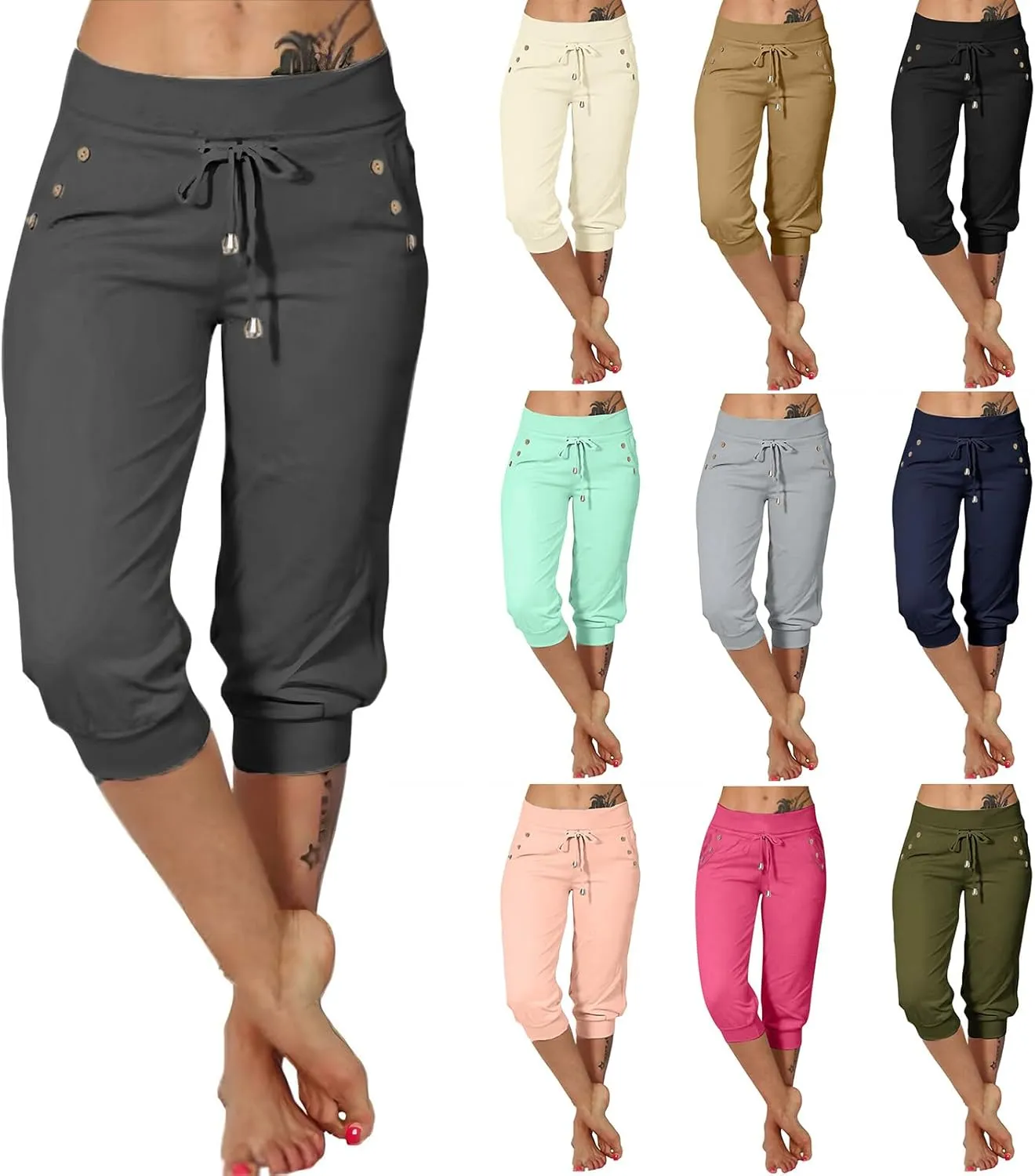 Capri Joggers Womens Fashion 2025 Trendy Elastic Drawstring High Waisted Capris Casual Summer Stretch Active Pants