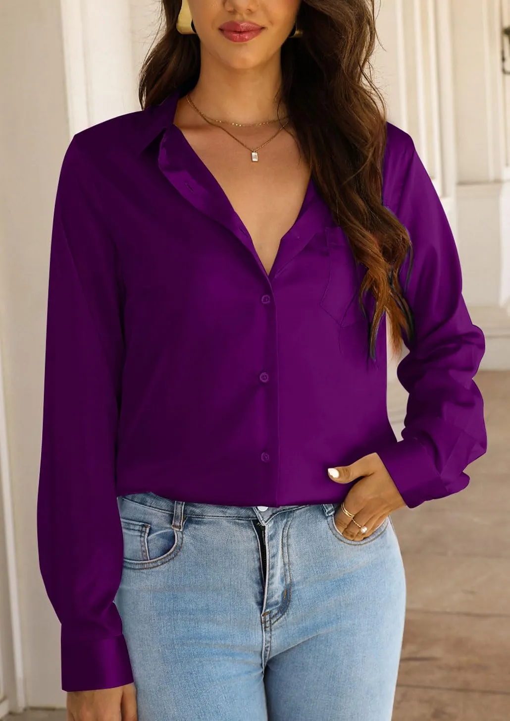 CBOO Women Elegant Satin Blouses Shirts, Soft Silk Shirts Top, Satin Button Down Shirts, Office Long Sleeve Blouse Shirt