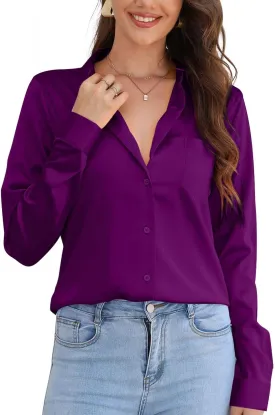 CBOO Women Elegant Satin Blouses Shirts, Soft Silk Shirts Top, Satin Button Down Shirts, Office Long Sleeve Blouse Shirt