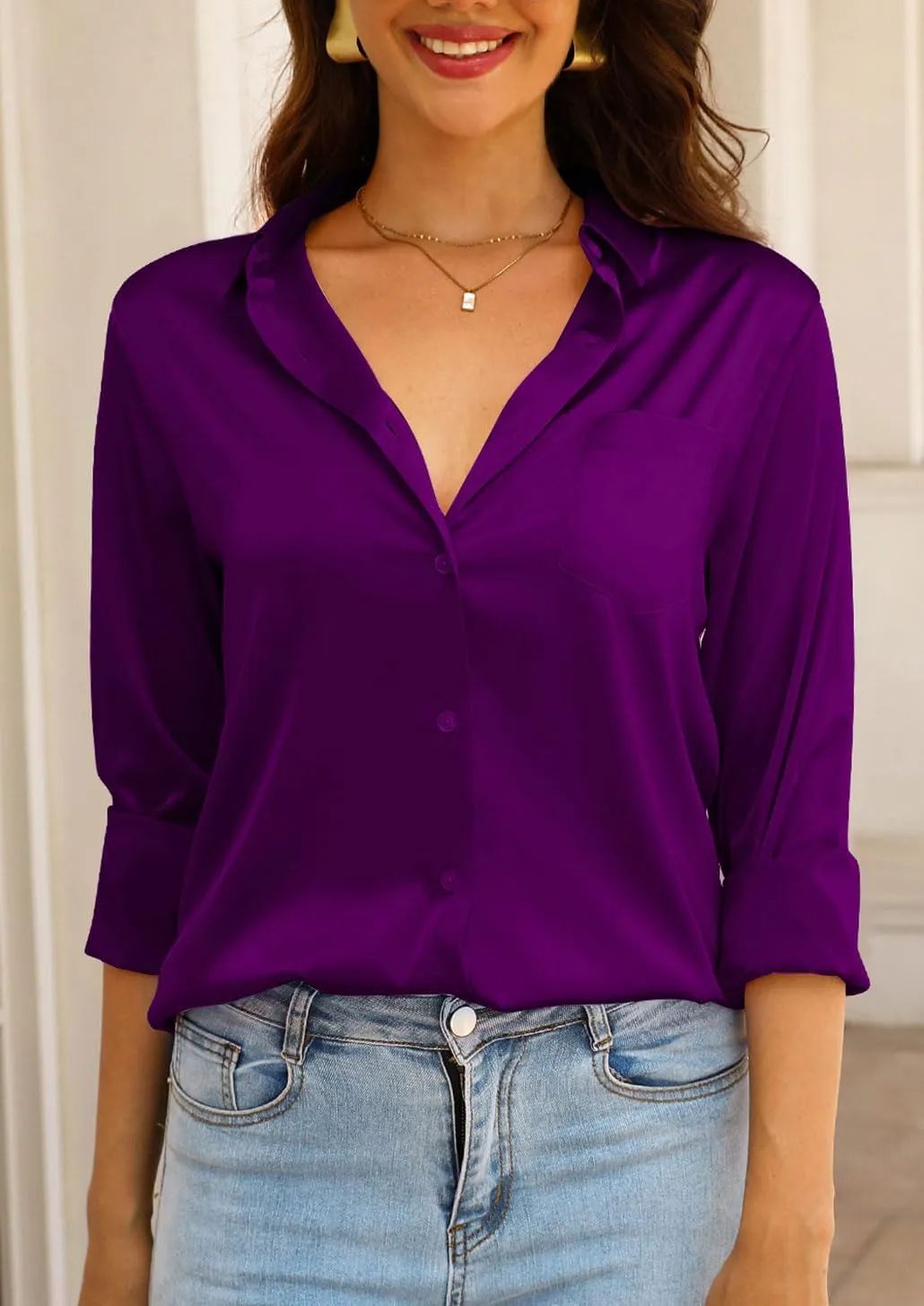 CBOO Women Elegant Satin Blouses Shirts, Soft Silk Shirts Top, Satin Button Down Shirts, Office Long Sleeve Blouse Shirt