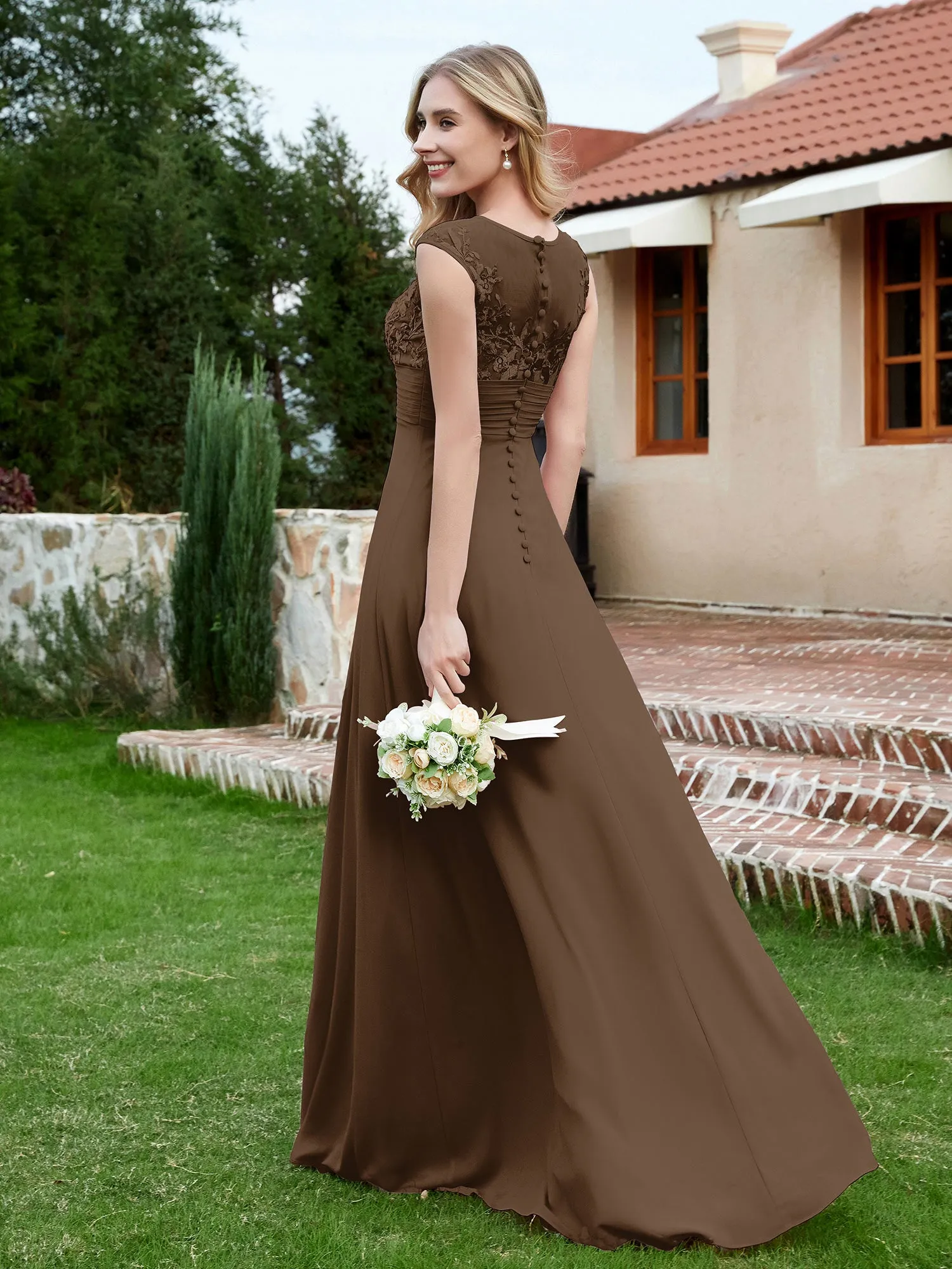 Chiffon And Lace Floor-length A-line Dress Brown
