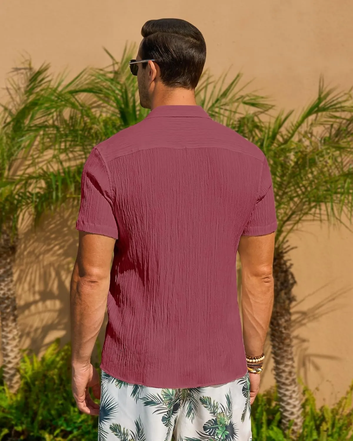 DEMEANOR Mens Short Sleeve Button Down Shirts Textured Linen Shirts for Men Casual Button Up Summer Beach Shirt Vacation