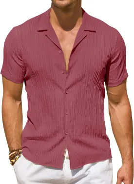 DEMEANOR Mens Short Sleeve Button Down Shirts Textured Linen Shirts for Men Casual Button Up Summer Beach Shirt Vacation